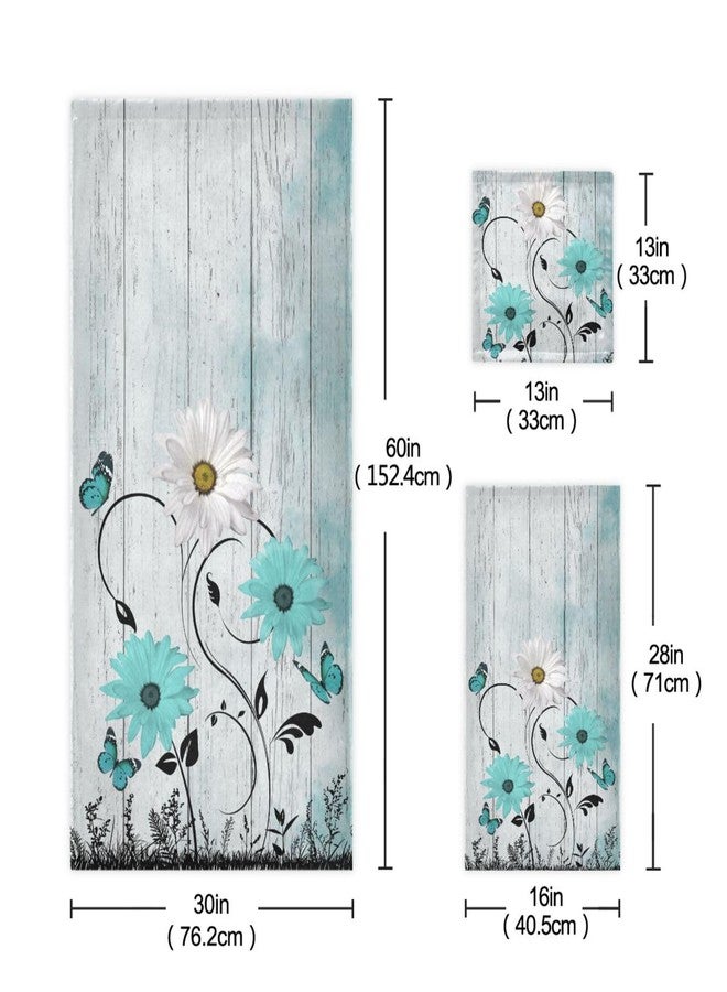 AIYOOLER Teal Aqua White Daisy Flower Bath Towels Set,3 Piece Soft Rustic Butterfly Wooden Towel Set,1 Bath Towel 1 Hand Towel 1 Washcloth,Absorbent Decorative Guest Bathroom Towels for Kitchen Shower - Image 2